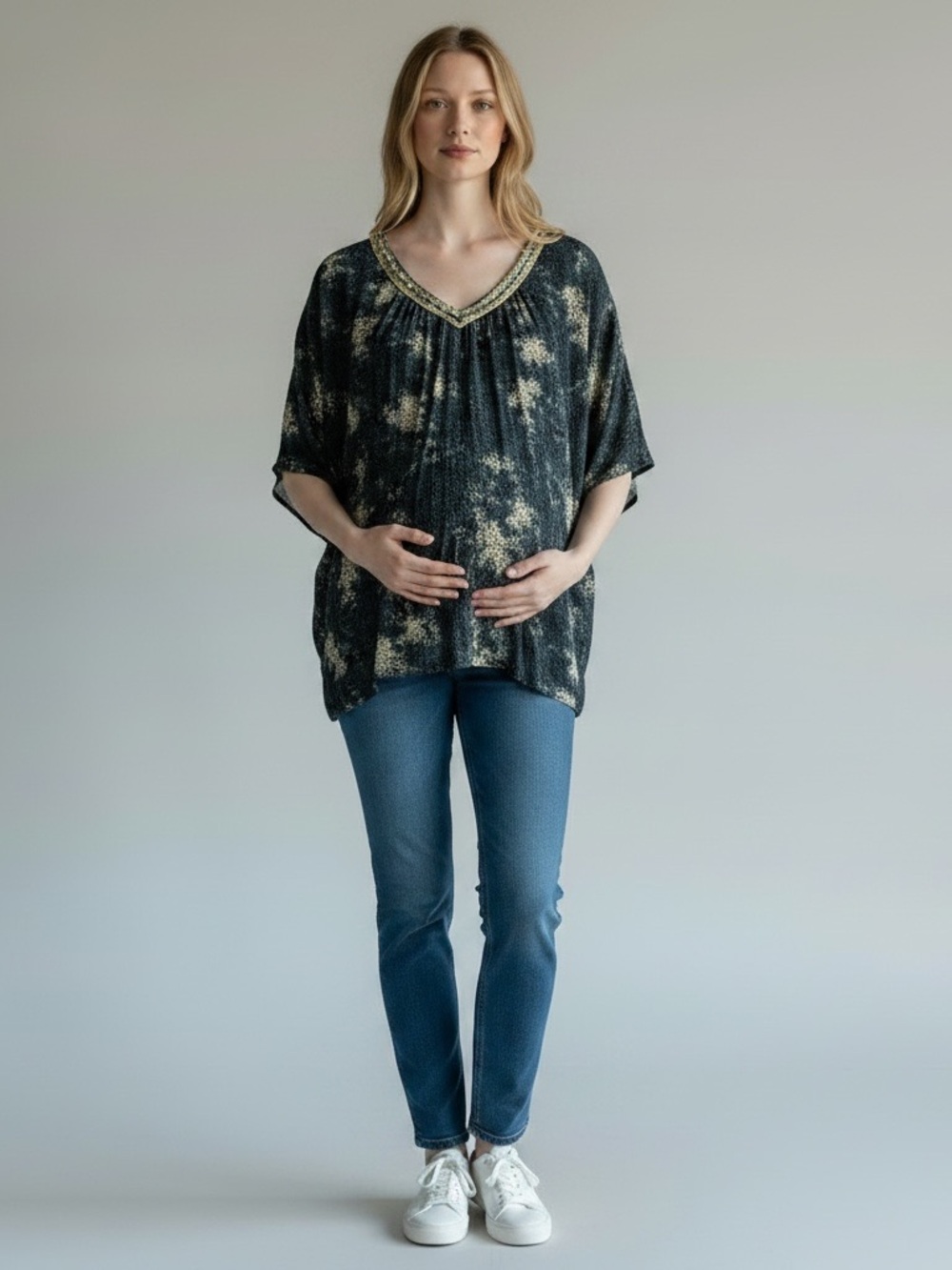 Maternity Motherhood M V-Neck Embroidered Neckline Blue & Cream Floral Top